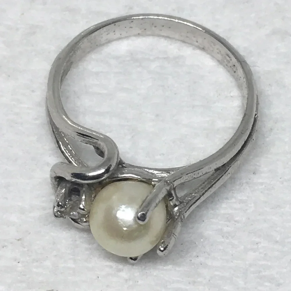 Vintage Uncas Genuine Pearl Sterling Silver CZ Ring 5 - Picture 7 of 9